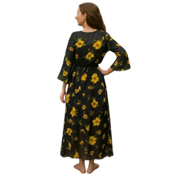 NEW POL Small Sheer Midi Maxi Dress Lingerie Cover-Up Black Yellow Floral Print - Picture 2 of 16